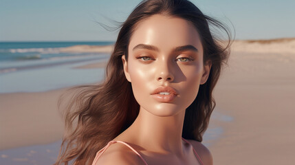A serene beach backdrop highlighting a radiant model wearing sun-kissed makeup Generative AI