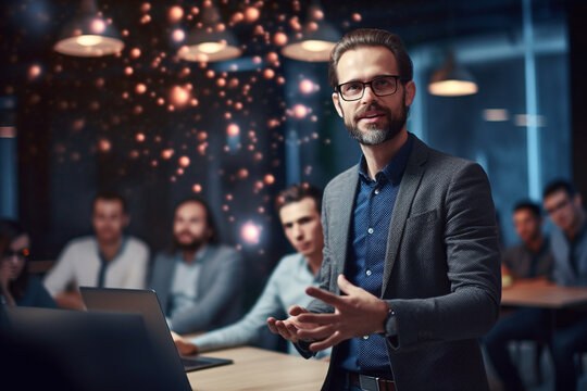 IT specialist conducting a training session for colleagues on new technologies, IT specialists, bokeh Generative AI