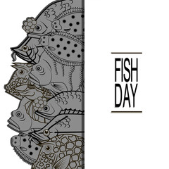 Graphic ocean fish drawn in line art style. Vector sea and ocean creatures for seafood menu design. Fish day card isolated on white background. Coloring book page design - stock vector