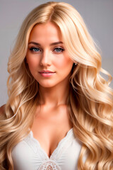 Naklejka premium Blonde girl with long and shiny wavy hair on grey background. Beautiful model with curly hairstyle. Generative AI.