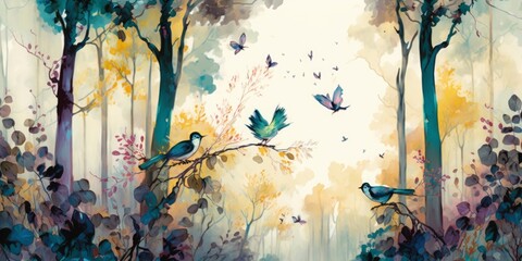 forest landscape with birds, Generative AI