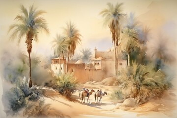 Watercolor painting, a landscape of the Arabian Peninsula in the past, for houses, palm trees and camels, Generative AI