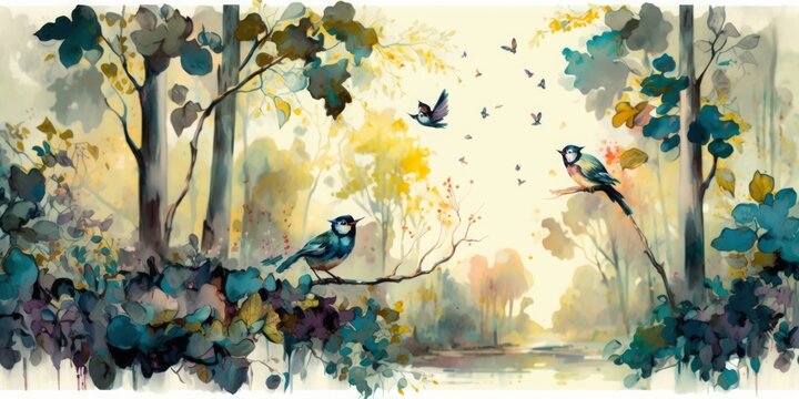 forest landscape with birds, Generative AI
