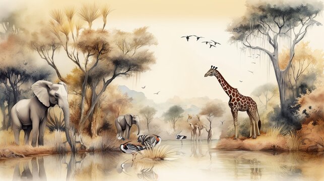 Watercolor painting style, high quality digital art, landscape on an African tropical jungle with trees next to a river with giraffes, elephants and birds, Generative AI