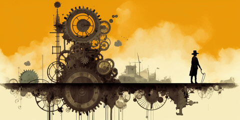 cyberpunk background with gears and man silhouette