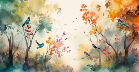 Naklejka na ściany i meble watercolor painting digital art high quality, of a forest landscape with birds, butterflies and trees, in colors consistent style, Generative AI