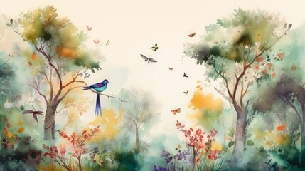 Obraz na płótnie Canvas watercolor painting digital art high quality, of a forest landscape with birds, butterflies and trees, in colors consistent style, Generative AI