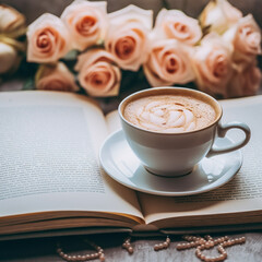 cup of coffee on a book with pink  flowers