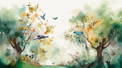 Fototapeta na wymiar watercolor painting digital art high quality, of a forest landscape with birds, butterflies and trees, in colors consistent style, Generative AI