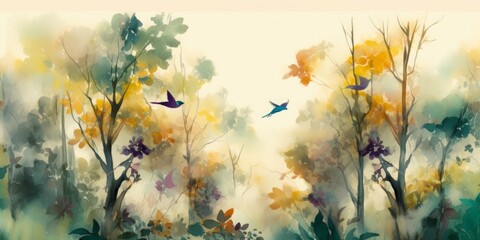 Digital watercolor painting, high quality, of a forest landscape with birds, butterflies and trees, in bright colors, Generative AI
