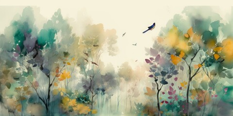Naklejka na ściany i meble Digital watercolor painting, high quality, of a forest landscape with birds, butterflies and trees, in bright colors, Generative AI