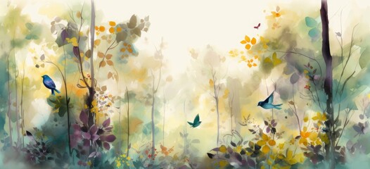 Obraz na płótnie Canvas Digital watercolor painting, high quality, of a forest landscape with birds, butterflies and trees, in bright colors, Generative AI