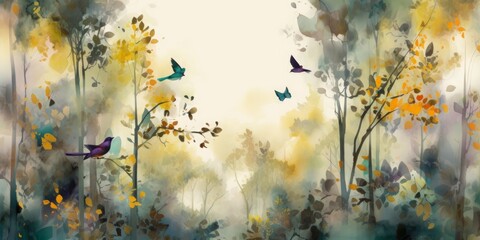 Obraz na płótnie Canvas Digital watercolor painting, high quality, of a forest landscape with birds, butterflies and trees, in bright colors, Generative AI