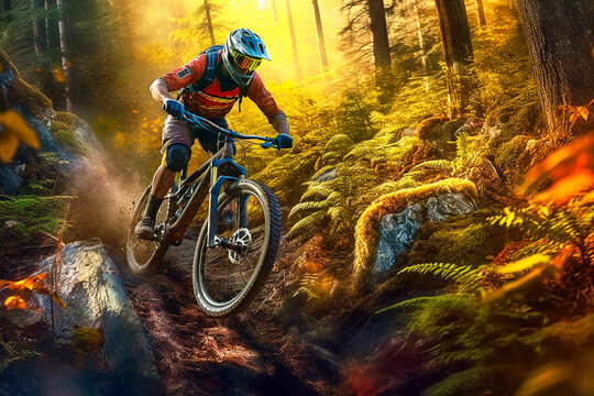 Young athletic man in helmet and protective gear riding downhill on mountainbike. AI generativ.