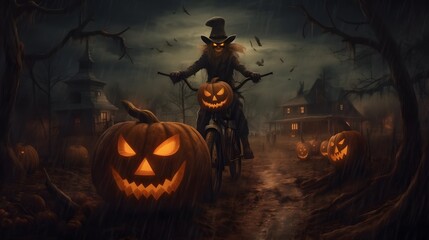 Halloween background with pumpkins and witch on the road in the forest. Scary halloween background.