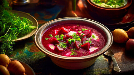 Polish botwinka, a soup from young red beets. AI generativ.
