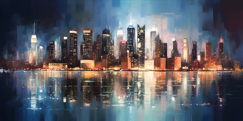 Cityscape at Night: A stunning view of a metropolitan skyline illuminated by city lights. Generative ai.