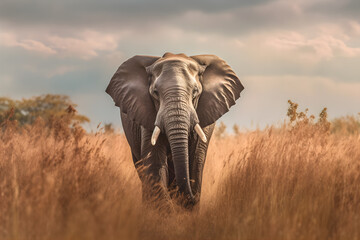 Naklejka na ściany i meble Wild and Free: A majestic elephant roaming through the savannah. Generative ai