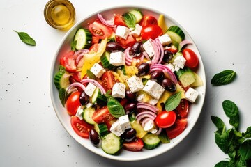 Fototapeta na wymiar stock photo of greek salad flat lay Food Photography AI Generated