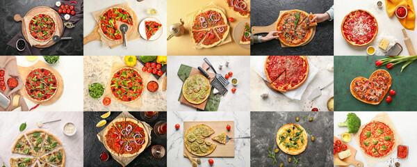 Collage with many different pizzas, top view