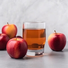Apple cider glass and red apples on light gray background. generative ai