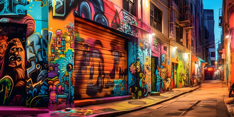 Fototapeta premium Street Art Scene: A vibrant urban setting with colorful graffiti murals. Generative ai.