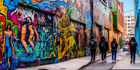 Fototapeta na wymiar Street Art Scene: A vibrant urban setting with colorful graffiti murals. Generative ai.