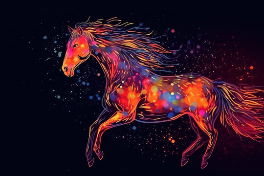 Abstract neon horse on black background, AI Generated
