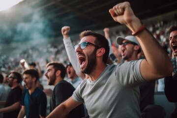 group of joyful fans at the stadium celebrating the victory of their team football sport concept generative ai