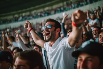 group of joyful fans at the stadium celebrating the victory of their team football sport concept generative ai