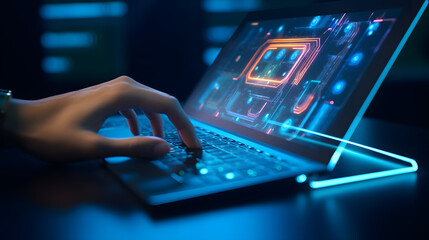 Naklejka na ściany i meble Capture the sleek and modern vision of a person's hands typing on a futuristic laptop with a holographic display, illuminated keys, and a minimalist design, evoking a sense of technology and productiv