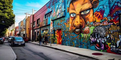 Street Art Scene: A vibrant urban setting with colorful graffiti murals. Generative ai.