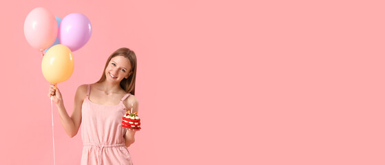 Beautiful young woman with tasty birthday cake and balloons on pink background with space for text