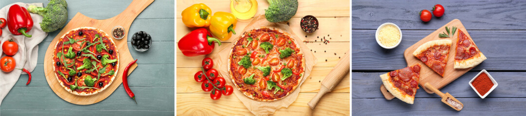 Collage with different pizzas on wooden background, top view