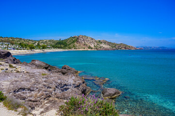 Fototapeta na wymiar Agios Stefanos Beach - historical ruins and beautiful scenery at coast of island Kos, Greece