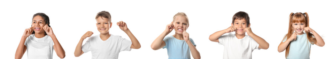 Set of cute little children flossing teeth on white background