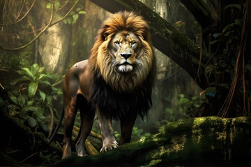 Jungle King: A fierce lion standing proud in his natural habitat. Generative Ai.