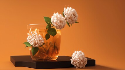 Minimal 3d Podium With Cotton Flowers On Orange Background. Generative AI
