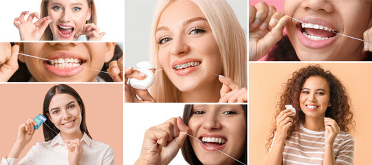Collage with many women flossing teeth