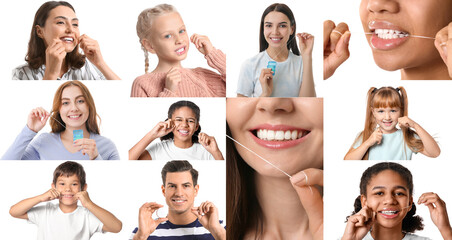 Collage with many people flossing teeth on white background