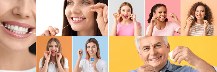 Collage with many people flossing teeth on color background