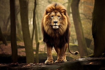 Obraz premium Jungle King: A fierce lion standing proud in his natural habitat. Generative Ai.