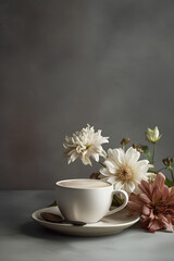 Fototapeta na wymiar Cup of coffee and flowers on gray background with copy space. Generative AI content