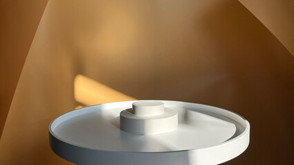 Abstract empty white geometric shape on a white round podium. Beige background with shadow. Layout of a stand for product presentation. Minimal concept. Show product. banner Studio photo.Front view.