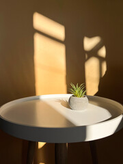 Minimal cozy counter design mockup for product presentation background for branding in Japanese style with white podium including vase plant.White table on a beige background.