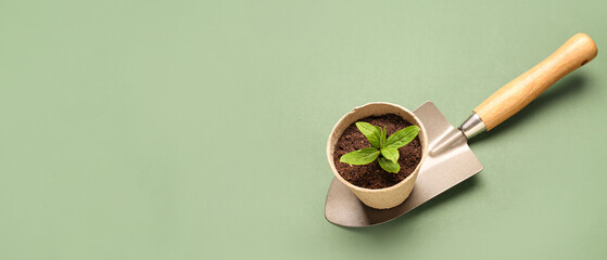 Peat pot with green seedling and gardening shovel on green background with space for text © Pixel-Shot