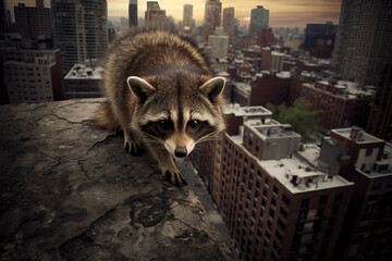Wildlife in the City: A raccoon or squirrel exploring an urban environment. Generative AI. - obrazy, fototapety, plakaty