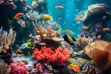Naklejka na ściany i meble Underwater Wonders: Colorful tropical fish swimming in a coral reef. Generative ai.