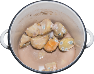 Rotten potatoes covered with mold are lying in a saucepan