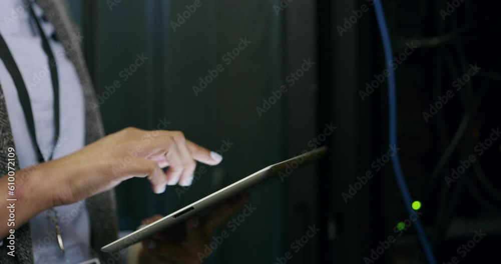 Poster woman in server room with tablet, smile and network administration, engineer in digital storage for 